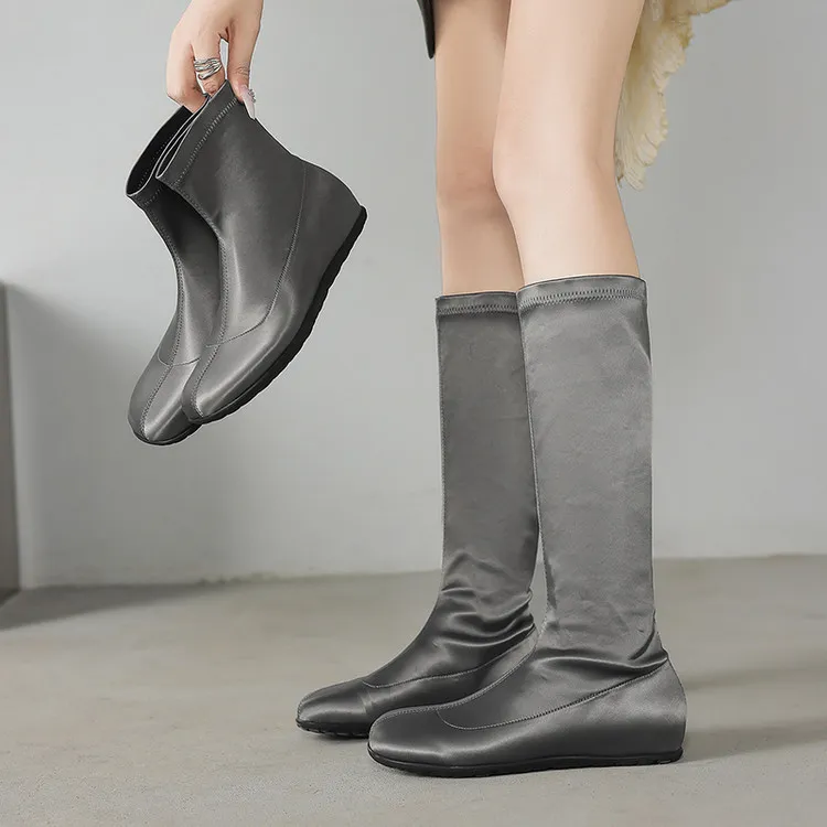 Autumn/Winter Long Boots, Short Boots, Flat Bottom, Round Toe, Elastic Fashion Women's Boots, Black, Gray 9-19i