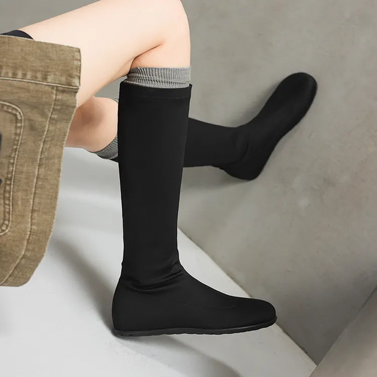 Autumn/Winter Long Boots, Short Boots, Flat Bottom, Round Toe, Elastic Fashion Women's Boots, Black, Gray 9-19i