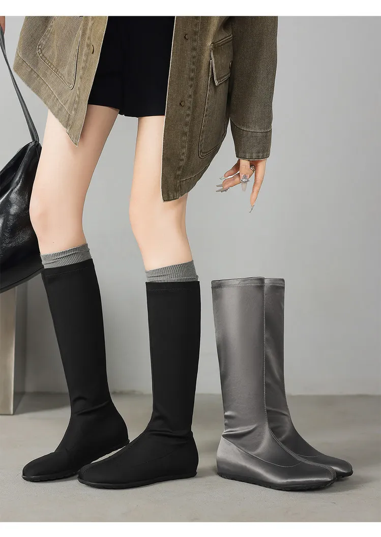 Autumn/Winter Long Boots, Short Boots, Flat Bottom, Round Toe, Elastic Fashion Women's Boots, Black, Gray 9-19i