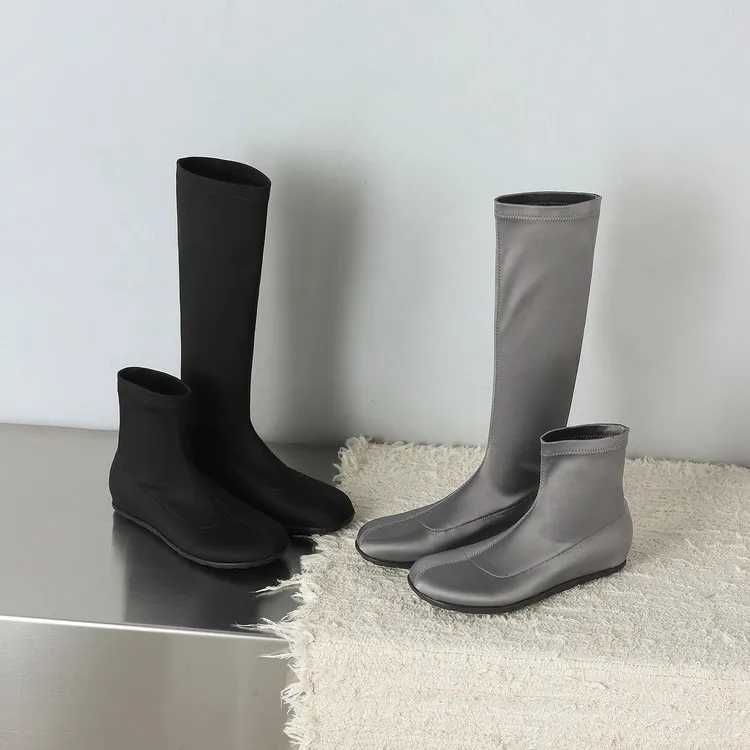 Autumn/Winter Long Boots, Short Boots, Flat Bottom, Round Toe, Elastic Fashion Women's Boots, Black, Gray 9-19i