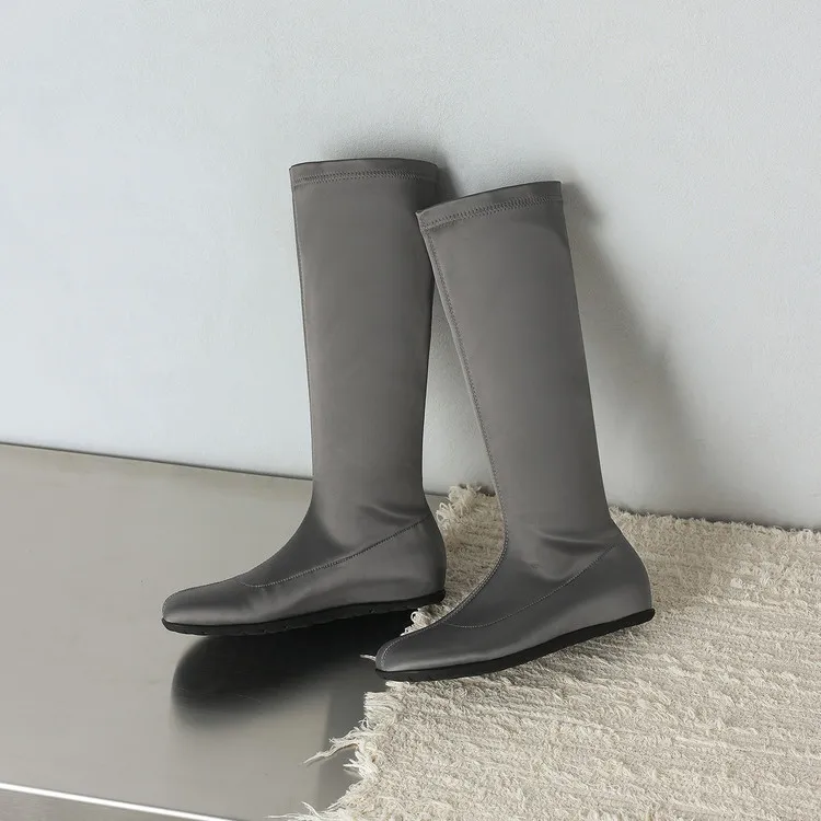 Autumn/Winter Long Boots, Short Boots, Flat Bottom, Round Toe, Elastic Fashion Women's Boots, Black, Gray 9-19i