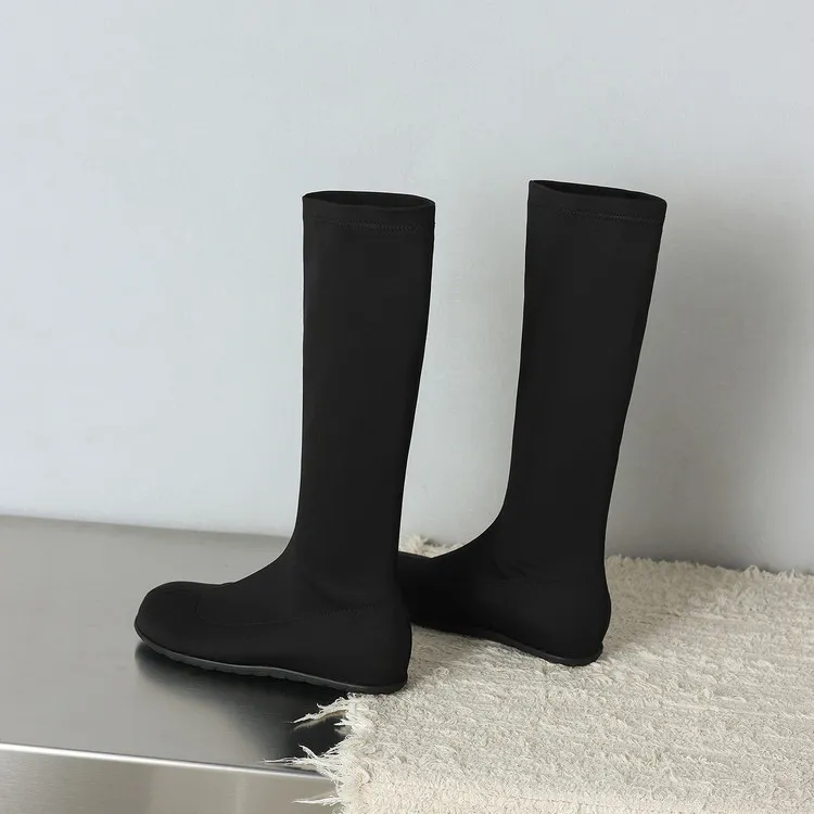 Autumn/Winter Long Boots, Short Boots, Flat Bottom, Round Toe, Elastic Fashion Women's Boots, Black, Gray 9-19i
