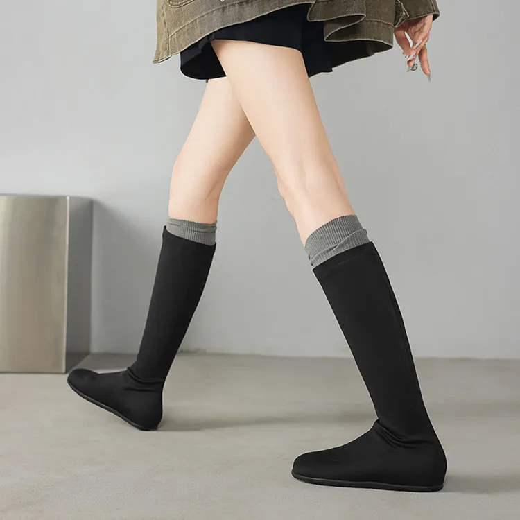 Autumn/Winter Long Boots, Short Boots, Flat Bottom, Round Toe, Elastic Fashion Women's Boots, Black, Gray 9-19i