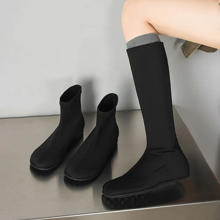 Autumn/Winter Long Boots, Short Boots, Flat Bottom, Round Toe, Elastic Fashion Women's Boots, Black, Gray 9-19i