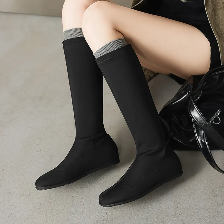 Autumn/Winter Long Boots, Short Boots, Flat Bottom, Round Toe, Elastic Fashion Women's Boots, Black, Gray 9-19i
