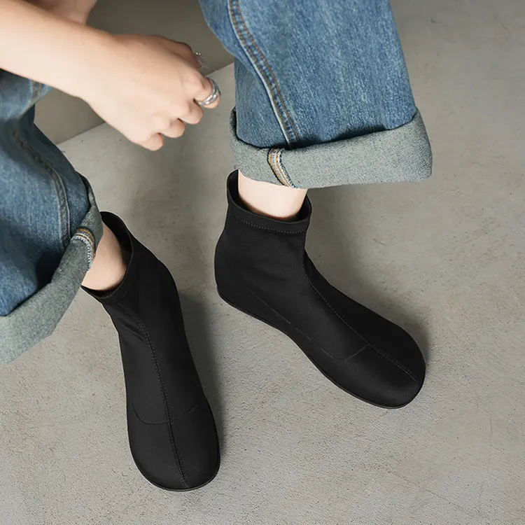 Autumn/Winter Long Boots, Short Boots, Flat Bottom, Round Toe, Elastic Fashion Women's Boots, Black, Gray 9-19i