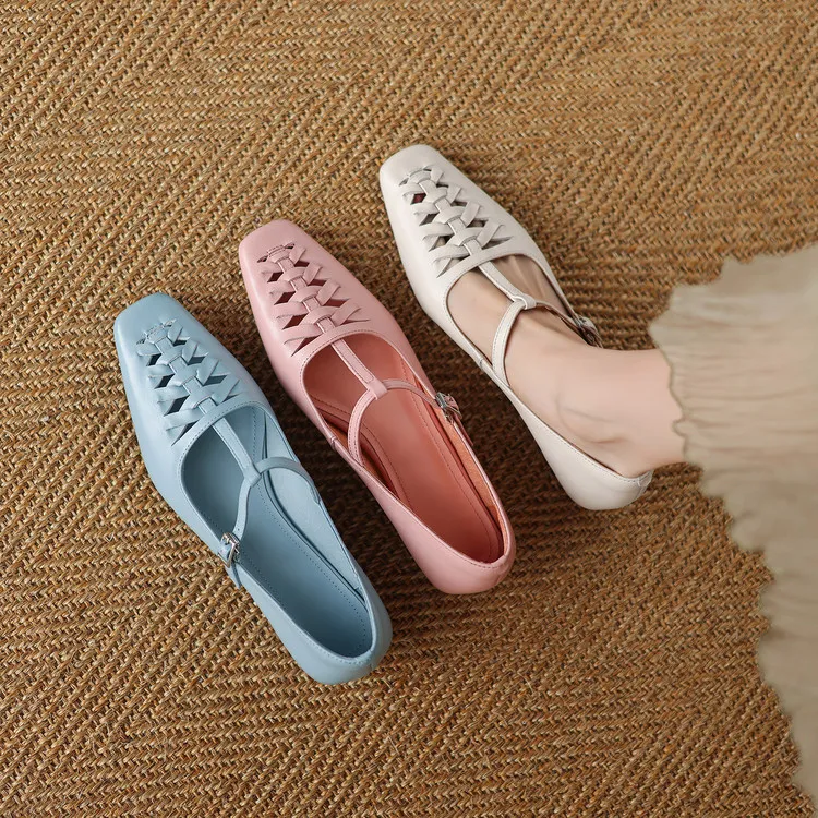 Spring/Autumn Square Toe Hollow Out Single Shoes Chunky Heel Low Heel Buckle Cowhide Fashion Women's Shoes 9-19p