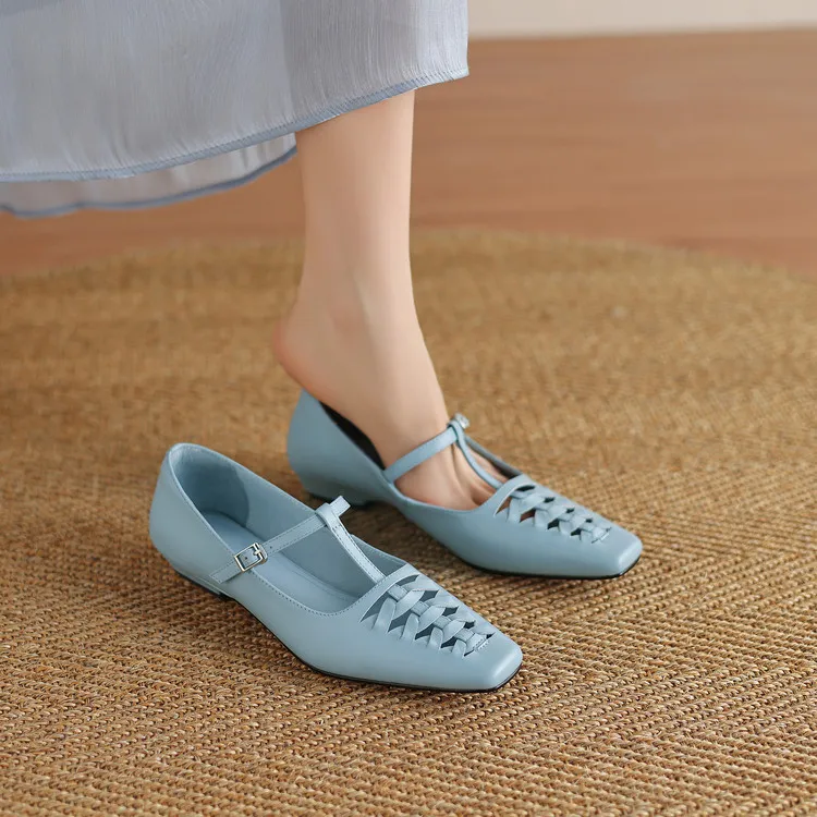 Spring/Autumn Square Toe Hollow Out Single Shoes Chunky Heel Low Heel Buckle Cowhide Fashion Women's Shoes 9-19p