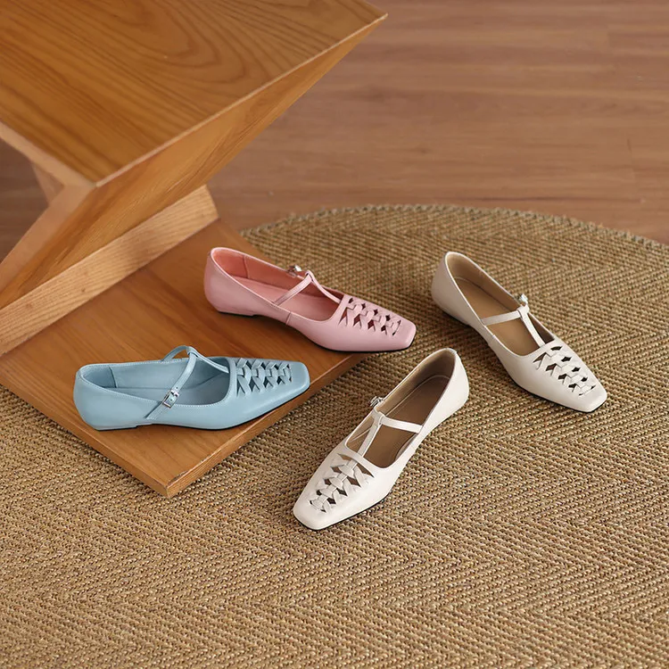 Spring/Autumn Square Toe Hollow Out Single Shoes Chunky Heel Low Heel Buckle Cowhide Fashion Women's Shoes 9-19p