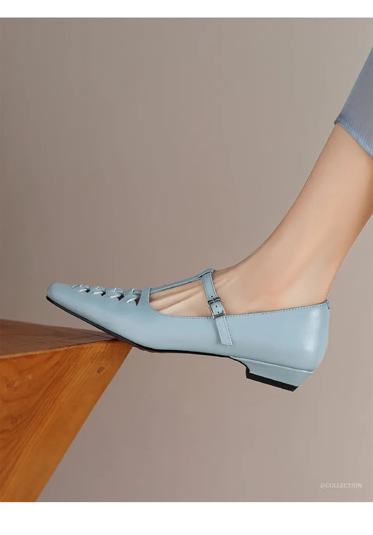 Spring/Autumn Square Toe Hollow Out Single Shoes Chunky Heel Low Heel Buckle Cowhide Fashion Women's Shoes 9-19p
