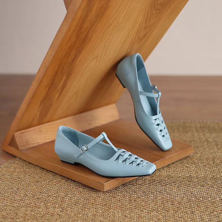 Spring/Autumn Square Toe Hollow Out Single Shoes Chunky Heel Low Heel Buckle Cowhide Fashion Women's Shoes 9-19p