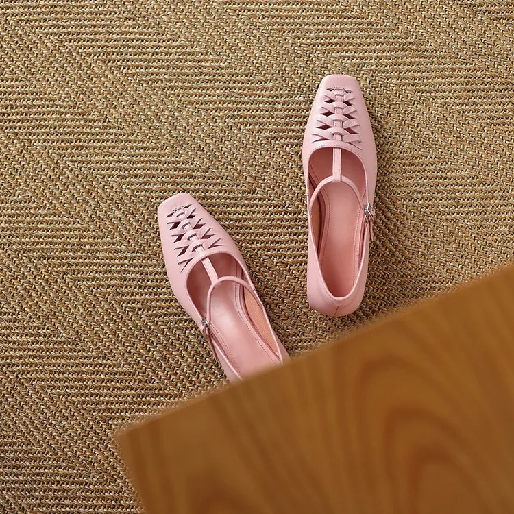 Spring/Autumn Square Toe Hollow Out Single Shoes Chunky Heel Low Heel Buckle Cowhide Fashion Women's Shoes 9-19p