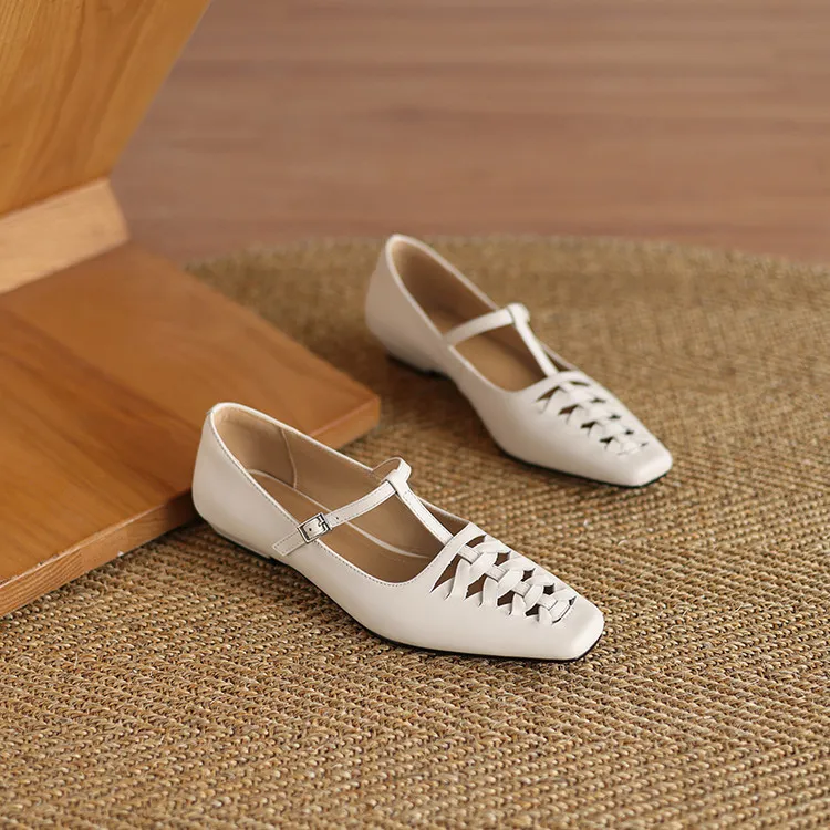 Spring/Autumn Square Toe Hollow Out Single Shoes Chunky Heel Low Heel Buckle Cowhide Fashion Women's Shoes 9-19p