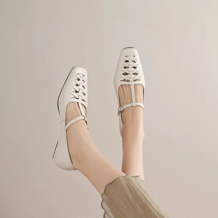 Spring/Autumn Square Toe Hollow Out Single Shoes Chunky Heel Low Heel Buckle Cowhide Fashion Women's Shoes 9-19p