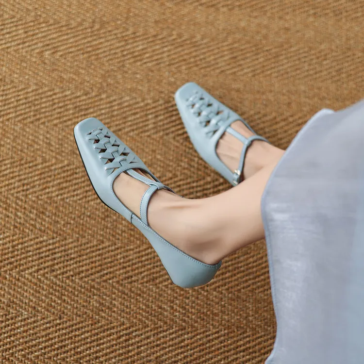 Spring/Autumn Square Toe Hollow Out Single Shoes Chunky Heel Low Heel Buckle Cowhide Fashion Women's Shoes 9-19p