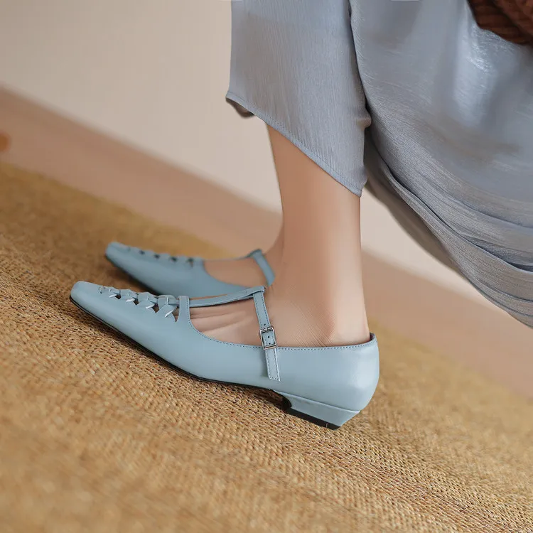Spring/Autumn Square Toe Hollow Out Single Shoes Chunky Heel Low Heel Buckle Cowhide Fashion Women's Shoes 9-19p