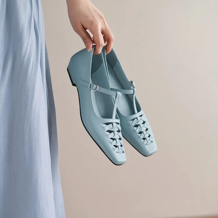 Spring/Autumn Square Toe Hollow Out Single Shoes Chunky Heel Low Heel Buckle Cowhide Fashion Women's Shoes 9-19p