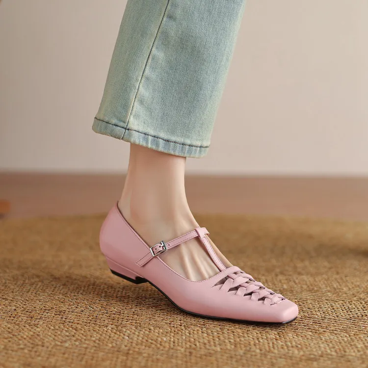 Spring/Autumn Square Toe Hollow Out Single Shoes Chunky Heel Low Heel Buckle Cowhide Fashion Women's Shoes 9-19p