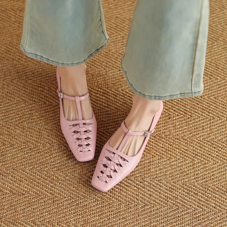 Spring/Autumn Square Toe Hollow Out Single Shoes Chunky Heel Low Heel Buckle Cowhide Fashion Women's Shoes 9-19p