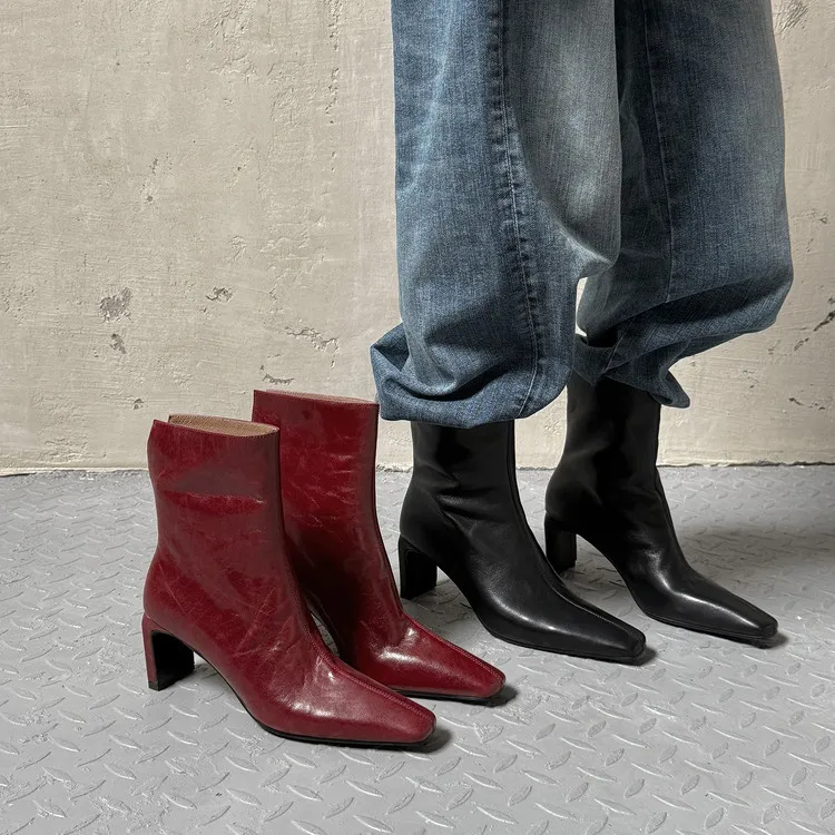 Autumn/Winter Short Boots, Square Toe, Chunky Heel, High Heel, Back Zipper, Fashion Women's Boots, 9-18f