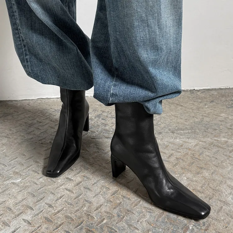 Autumn/Winter Short Boots, Square Toe, Chunky Heel, High Heel, Back Zipper, Fashion Women's Boots, 9-18f