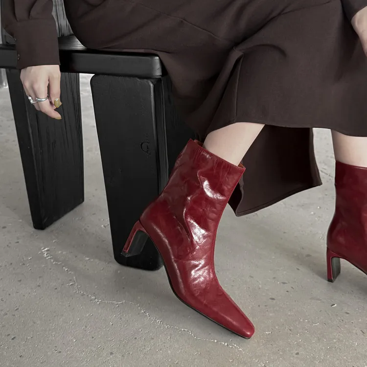 Autumn/Winter Short Boots, Square Toe, Chunky Heel, High Heel, Back Zipper, Fashion Women's Boots, 9-18f