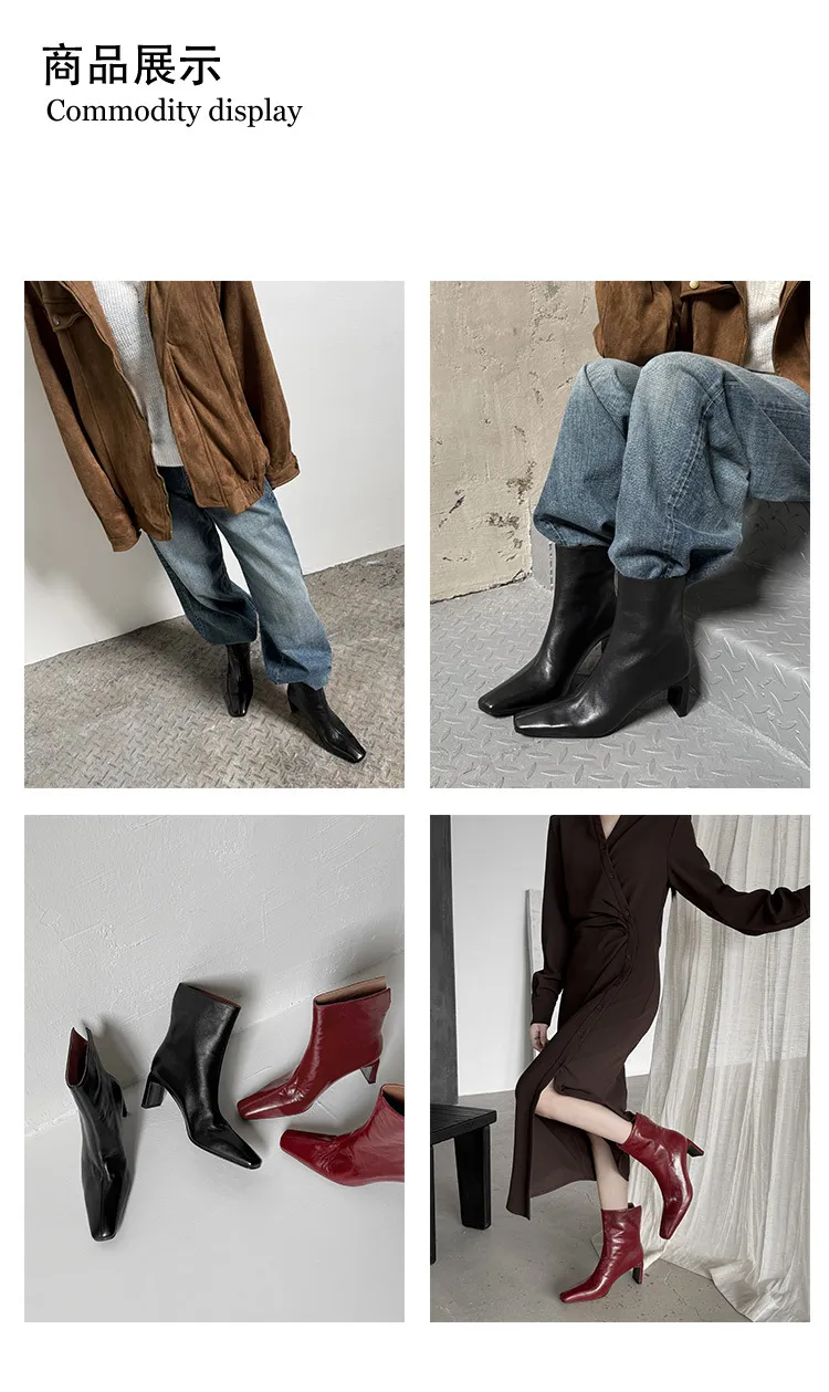 Autumn/Winter Short Boots, Square Toe, Chunky Heel, High Heel, Back Zipper, Fashion Women's Boots, 9-18f