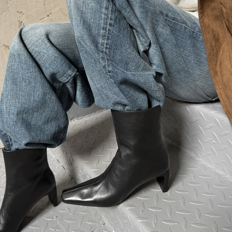 Autumn/Winter Short Boots, Square Toe, Chunky Heel, High Heel, Back Zipper, Fashion Women's Boots, 9-18f