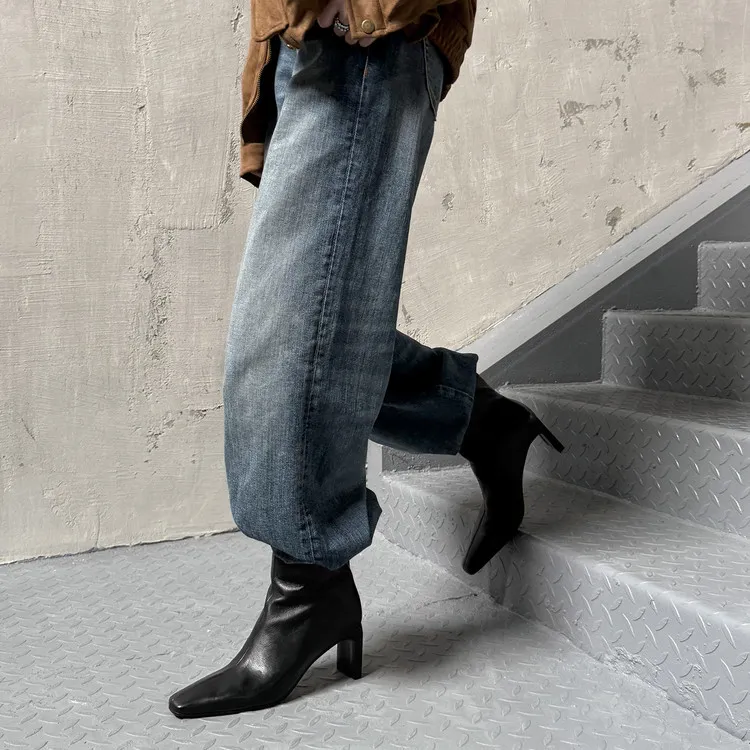 Autumn/Winter Short Boots, Square Toe, Chunky Heel, High Heel, Back Zipper, Fashion Women's Boots, 9-18f