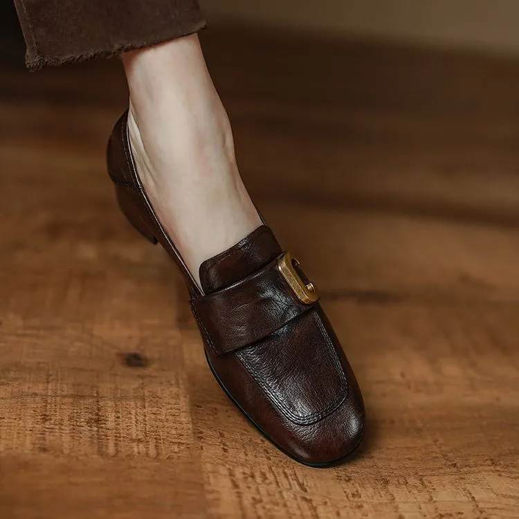 Autumn single shoes, square toe, chunky heel, high heel, slip-on, comfortable cowhide women's shoes, 9-29e