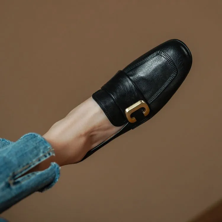 Autumn single shoes, square toe, chunky heel, high heel, slip-on, comfortable cowhide women's shoes, 9-29e