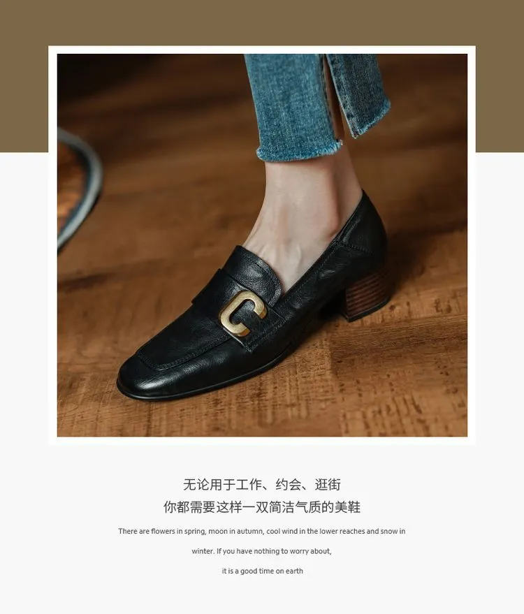 Autumn single shoes, square toe, chunky heel, high heel, slip-on, comfortable cowhide women's shoes, 9-29e