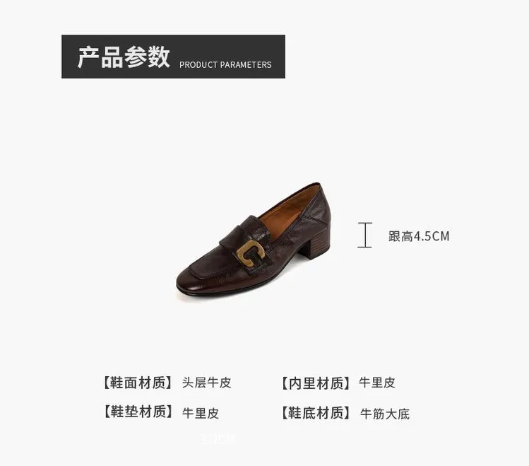 Autumn single shoes, square toe, chunky heel, high heel, slip-on, comfortable cowhide women's shoes, 9-29e