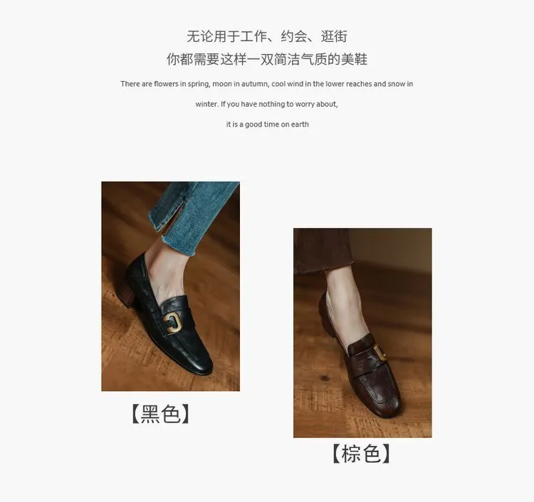 Autumn single shoes, square toe, chunky heel, high heel, slip-on, comfortable cowhide women's shoes, 9-29e