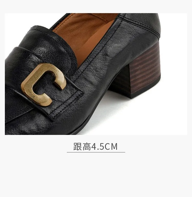 Autumn single shoes, square toe, chunky heel, high heel, slip-on, comfortable cowhide women's shoes, 9-29e