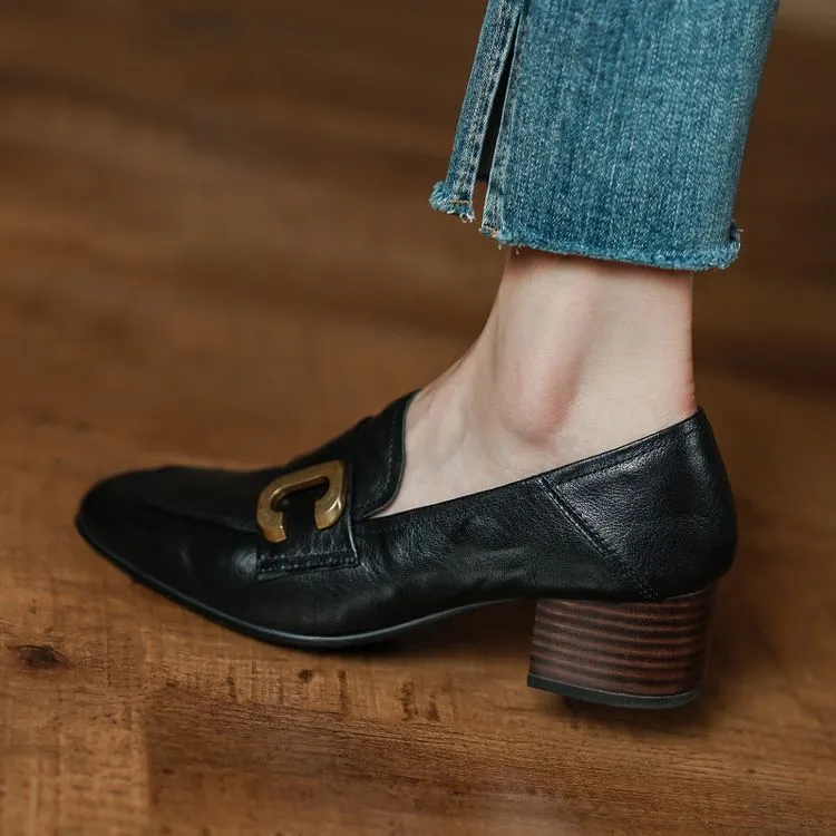 Autumn single shoes, square toe, chunky heel, high heel, slip-on, comfortable cowhide women's shoes, 9-29e