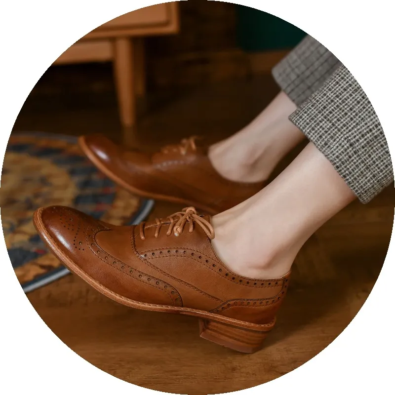 Top-grain cowhide vintage brogue British style women's shoes, spring and autumn mid-heel genuine leather lace-up single shoes