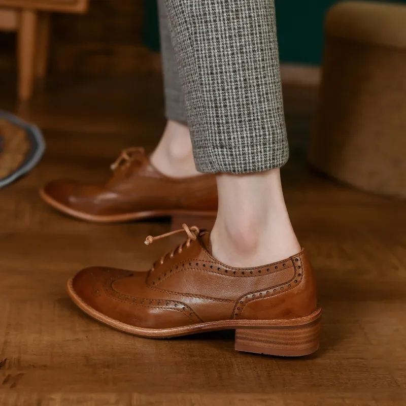 Top-grain cowhide vintage brogue British style women's shoes, spring and autumn mid-heel genuine leather lace-up single shoes