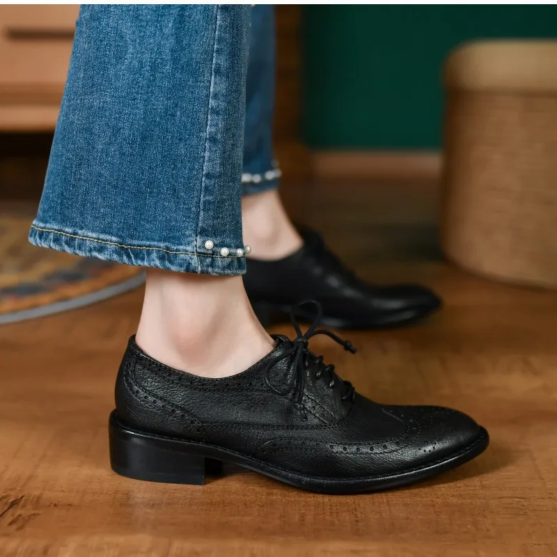 Top-grain cowhide vintage brogue British style women's shoes, spring and autumn mid-heel genuine leather lace-up single shoes