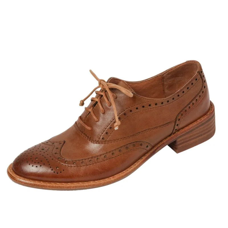 Top-grain cowhide vintage brogue British style women's shoes, spring and autumn mid-heel genuine leather lace-up single shoes