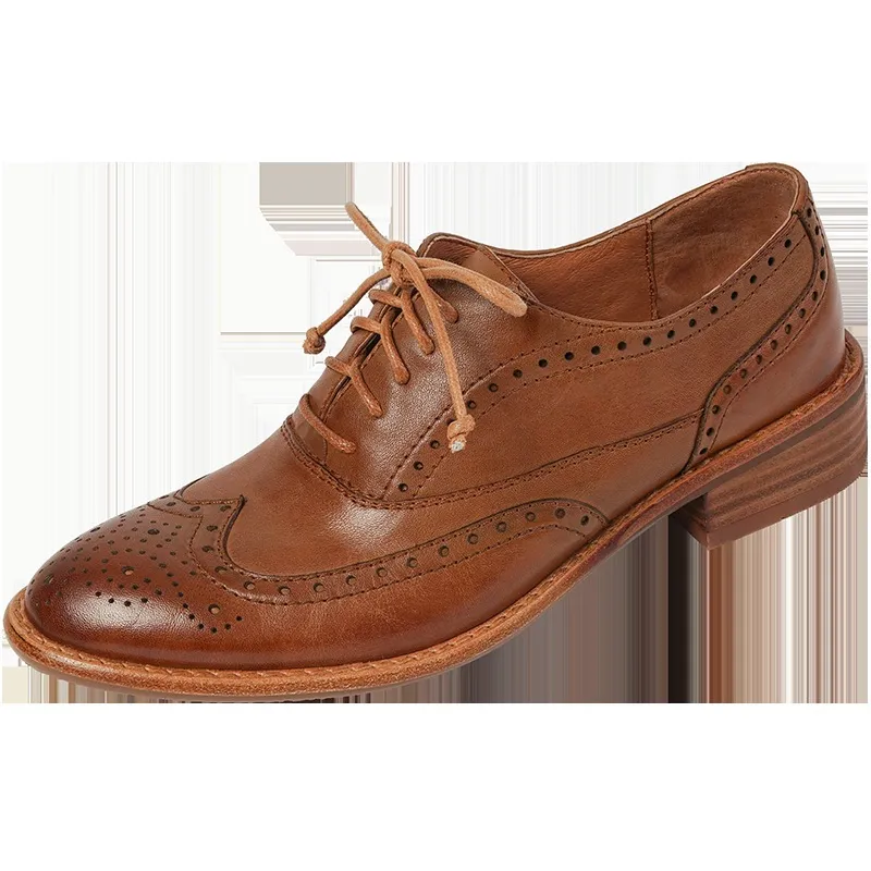 Top-grain cowhide vintage brogue British style women's shoes, spring and autumn mid-heel genuine leather lace-up single shoes