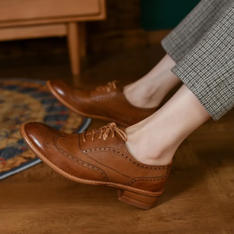 Top-grain cowhide vintage brogue British style women's shoes, spring and autumn mid-heel genuine leather lace-up single shoes