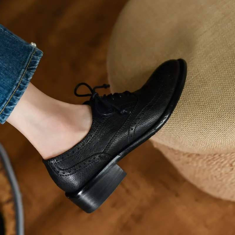 Top-grain cowhide vintage brogue British style women's shoes, spring and autumn mid-heel genuine leather lace-up single shoes