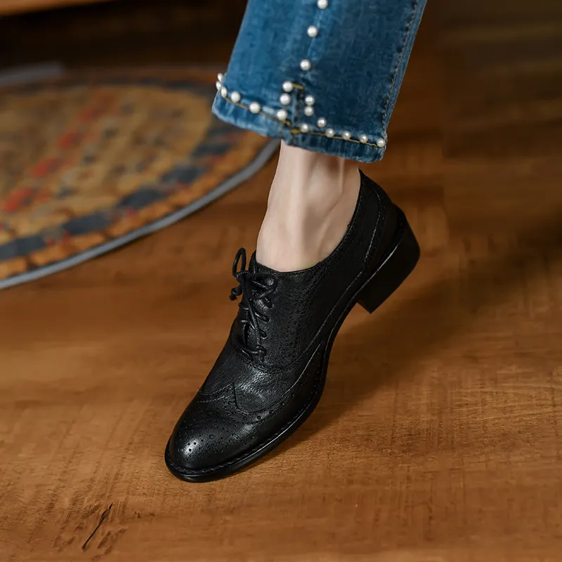 Top-grain cowhide vintage brogue British style women's shoes, spring and autumn mid-heel genuine leather lace-up single shoes