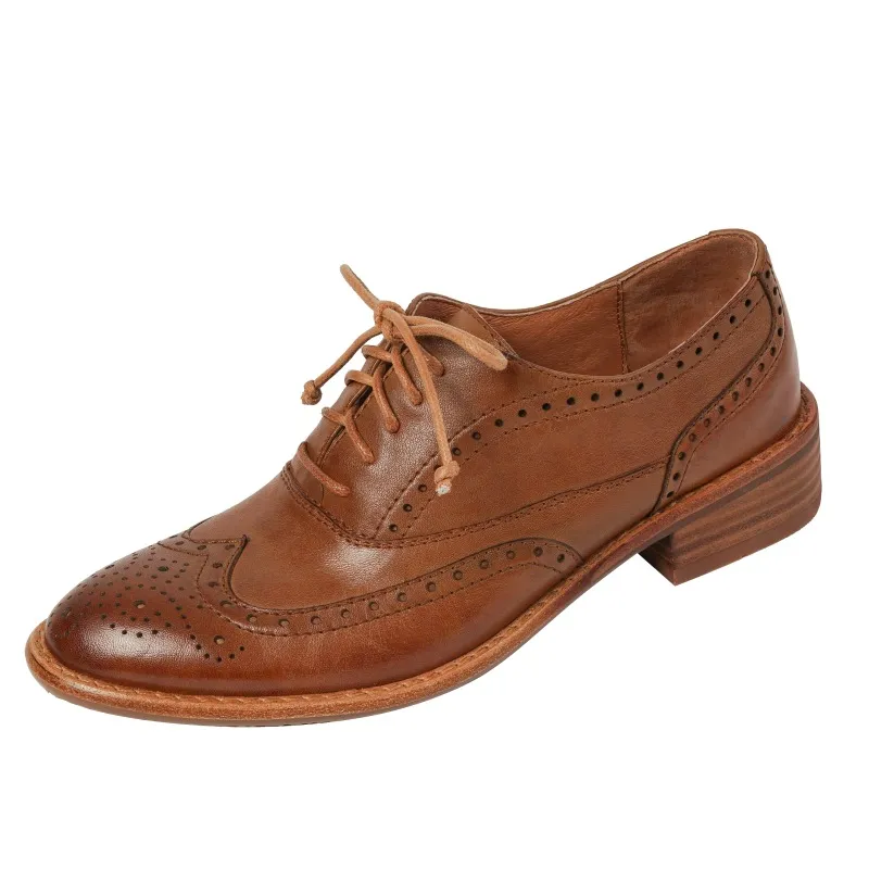 Top-grain cowhide vintage brogue British style women's shoes, spring and autumn mid-heel genuine leather lace-up single shoes