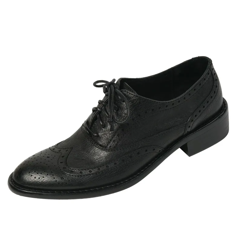 Top-grain cowhide vintage brogue British style women's shoes, spring and autumn mid-heel genuine leather lace-up single shoes