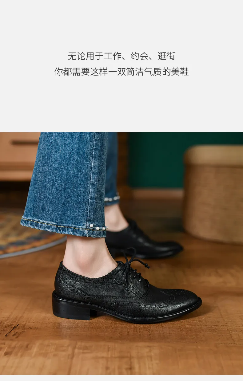 Top-grain cowhide vintage brogue British style women's shoes, spring and autumn mid-heel genuine leather lace-up single shoes