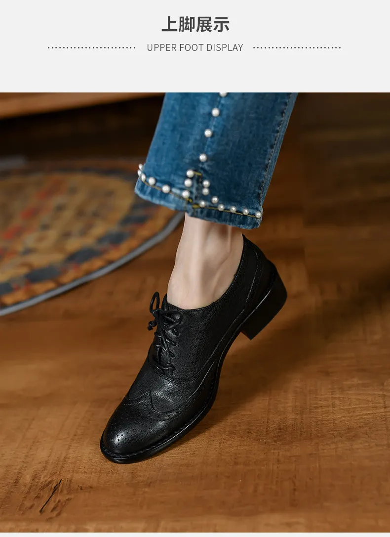 Top-grain cowhide vintage brogue British style women's shoes, spring and autumn mid-heel genuine leather lace-up single shoes