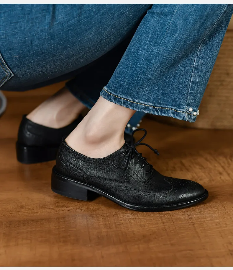 Top-grain cowhide vintage brogue British style women's shoes, spring and autumn mid-heel genuine leather lace-up single shoes