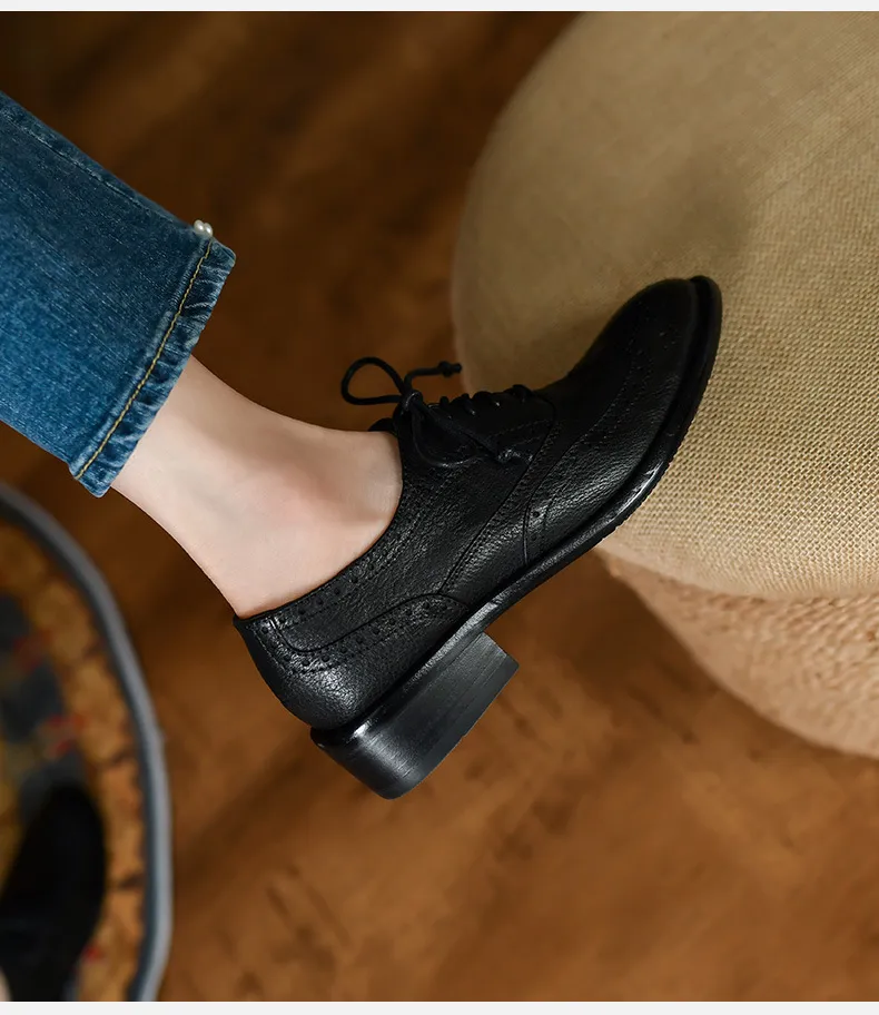 Top-grain cowhide vintage brogue British style women's shoes, spring and autumn mid-heel genuine leather lace-up single shoes